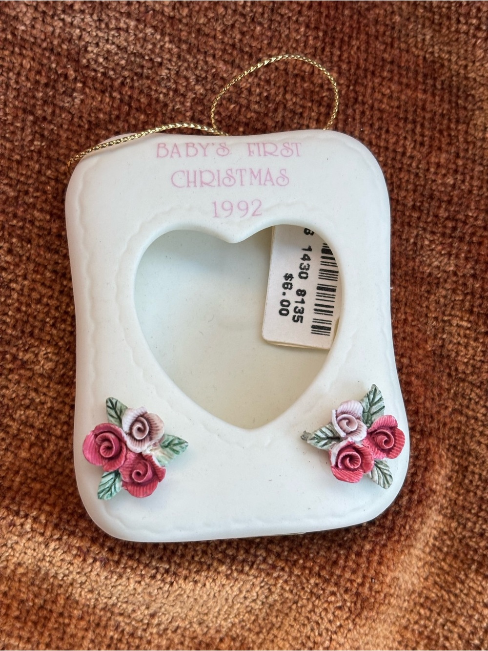 Baby's First Christmas 1992 Porcelain Heart Frame Ornament